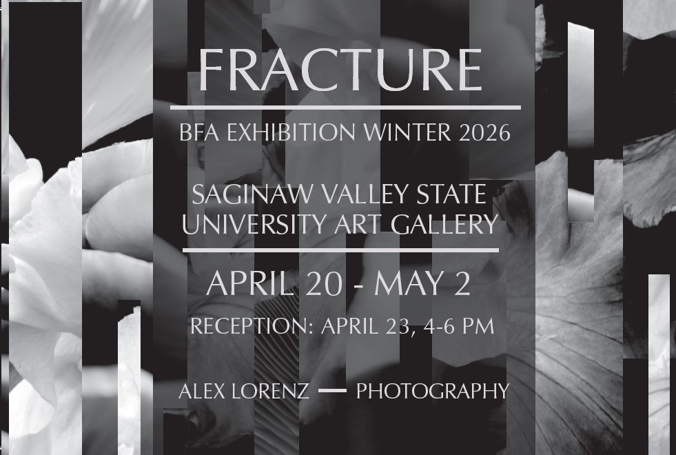 Fracture exhibition postcard with info about show and alex's work on the back ground card is in black and white.